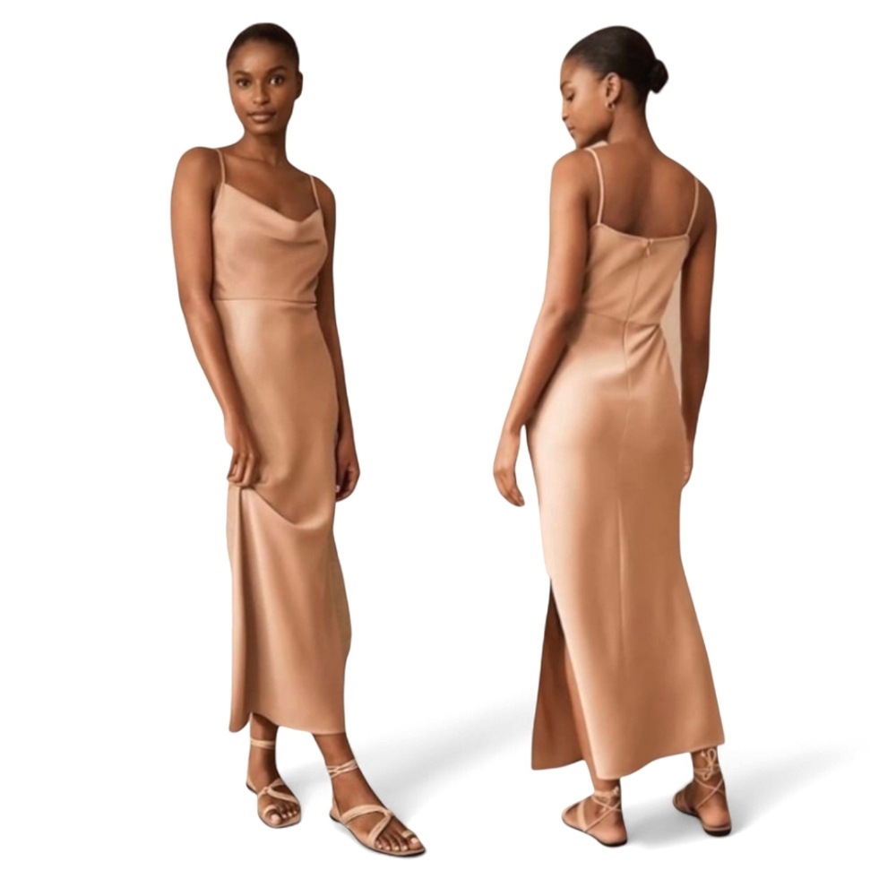 BHLDN Cali Satin Cowl Neck Oyster Midi Slip Dress